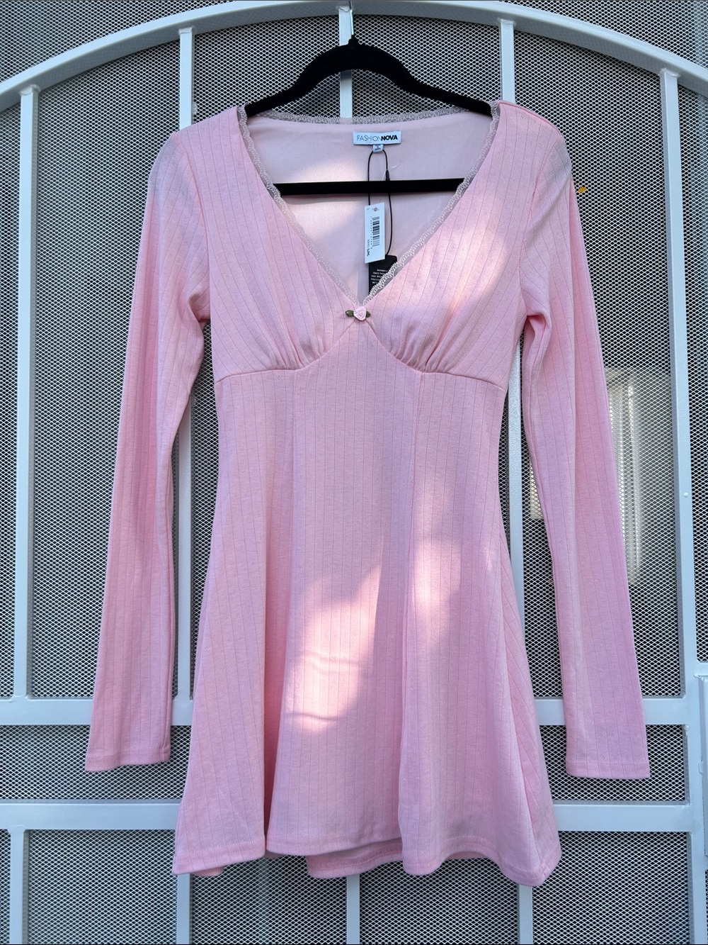 Fashion Nova Light Pink Ribbed Long-Sleeve V-Neck Dress
